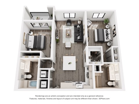 Floor plan for 2 beds, 2 baths, 1011 sqft