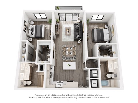 Floor plan for 2 beds, 2 baths, 1054 sqft