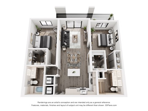 Floor plan for 2 beds, 2 baths, 1055 sqft