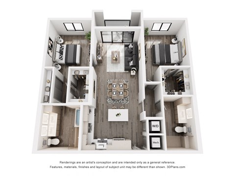 Floor plan for 2 beds, 2 baths, 1142 sqft