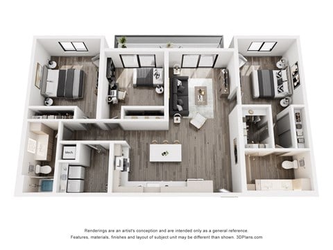 Floor plan for 3 beds, 2 baths, 1309 sqft