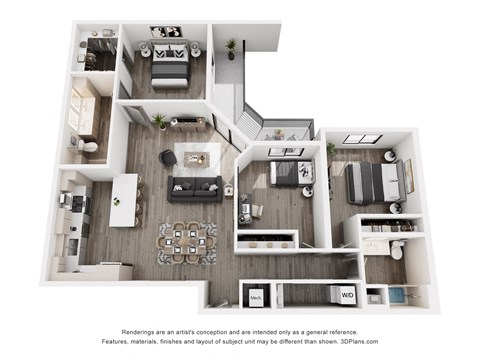 Floor plan for 3 beds, 2 baths, 1403 sqft