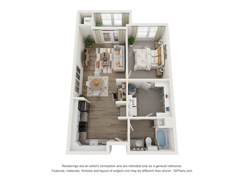 Floor plan for 1 bed, 1 bath, 765 sqft