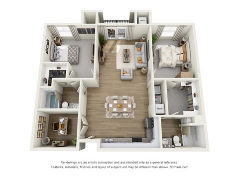 Floor plan for 2 beds, 2 baths, 1042 sqft