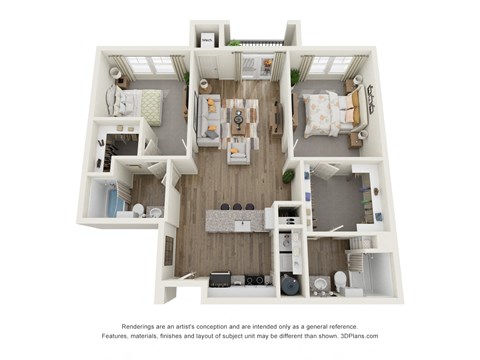Floor plan for 2 beds, 2 baths, 1042 sqft