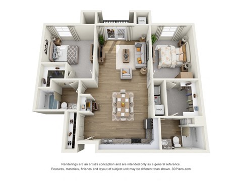 Floor plan for 2 beds, 2 baths, 1062 sqft