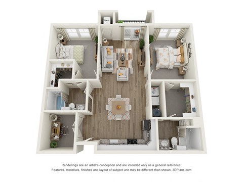 Floor plan for 2 beds, 2 baths, 1129 sqft
