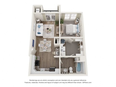 Floor plan for 1 bed, 1 bath, 647 sqft