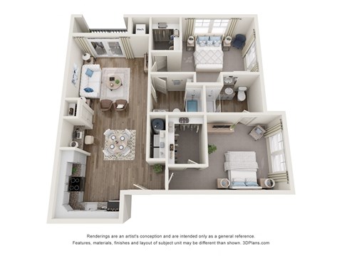 Floor plan for 2 beds, 2 baths, 1105 sqft