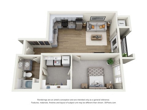 Floor plan for 1 bed, 1 bath, 688 sqft