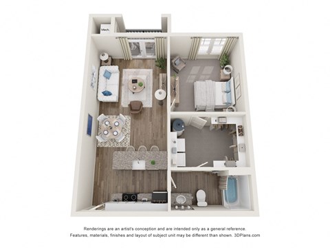Floor plan for 1 bed, 1 bath, 714 sqft