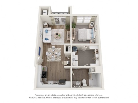 Floor plan for 1 bed, 1 bath, 647 sqft