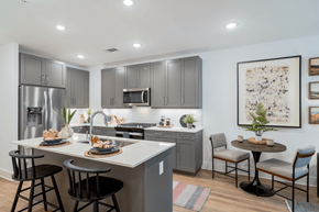 Alpharetta apartment for rent - A modern kitchen with a dining table and chairs.