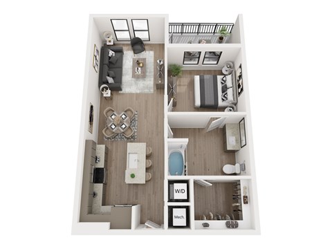 Floor plan for 1 bed, 1 bath, 731 sqft
