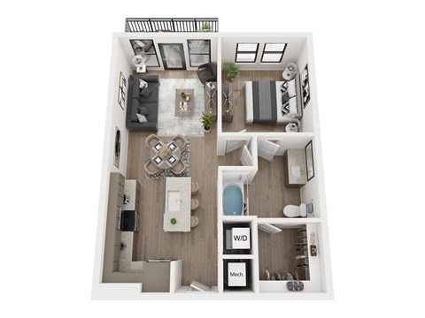 Floor plan for 1 bed, 1 bath, 668 sqft