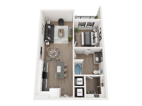 Floor plan for 1 bed, 1 bath, 730 sqft