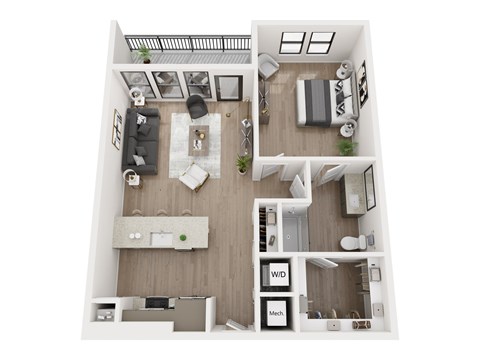 Floor plan for 1 bed, 1 bath, 851 sqft