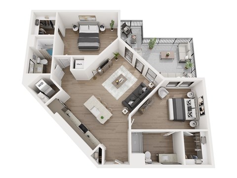 Floor plan for 2 beds, 2 baths, 1181 sqft