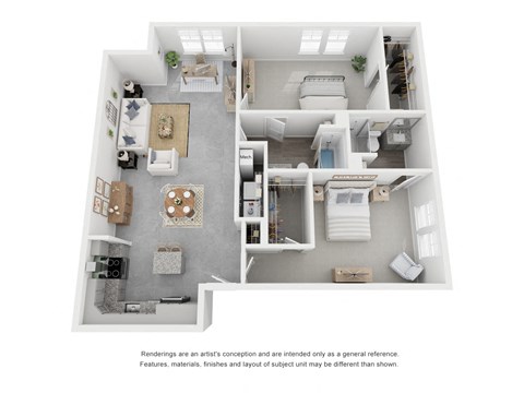 Floor plan for 2 beds, 2 baths, 1305 sqft