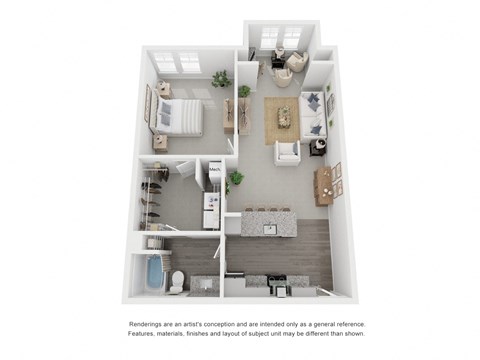 Floor plan for 1 bed, 1 bath, 885 sqft