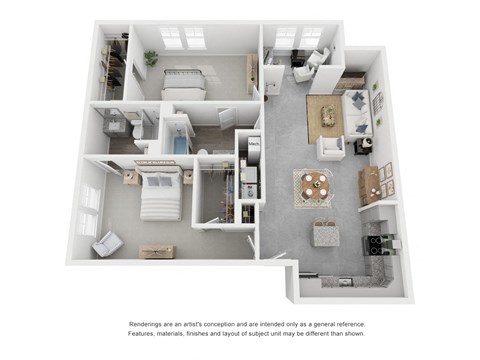 Floor plan for 2 beds, 2 baths, 1305 sqft