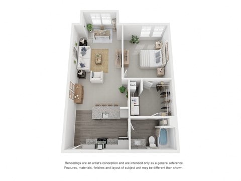 Floor plan for 1 bed, 1 bath, 885 sqft