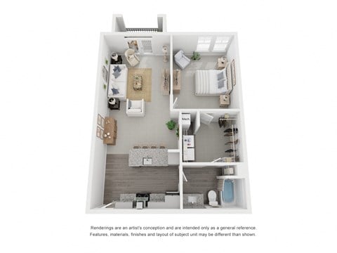 Floor plan for 1 bed, 1 bath, 844 sqft