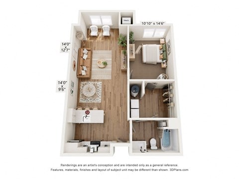 Floor plan for 1 bed, 1 bath, 730 sqft
