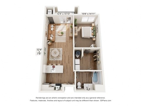 Floor plan for 1 bed, 1 bath, 763 sqft