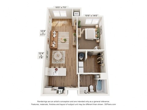 Floor plan for 1 bed, 1 bath, 804 sqft