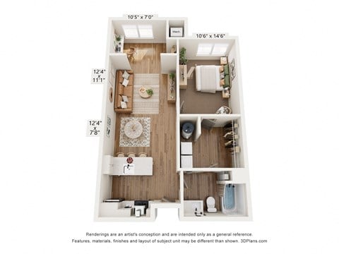 Floor plan for 1 bed, 1 bath, 804 sqft