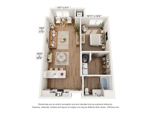 Floor plan for 1 bed, 1 bath, 857 sqft