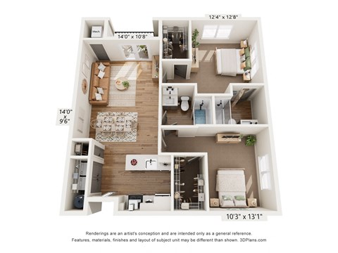 Floor plan for 2 beds, 2 baths, 1070 sqft