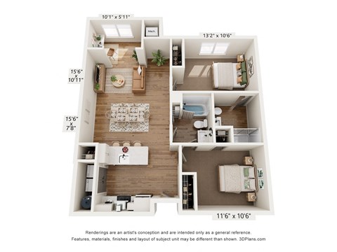 Floor plan for 2 beds, 2 baths, 1070 sqft