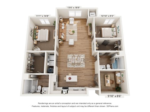 Floor plan for 2 beds, 2 baths, 1298 sqft