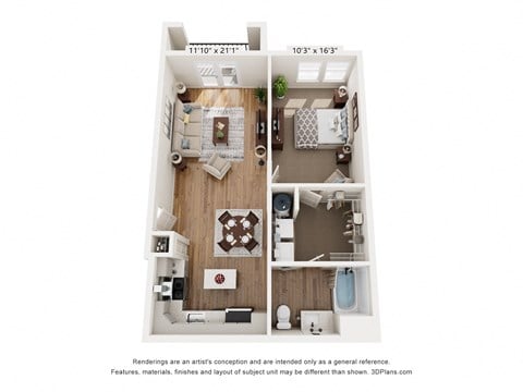 Floor plan for 1 bed, 1 bath, 764 sqft