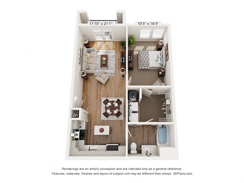Floor plan for 1 bed, 1 bath, 766 sqft