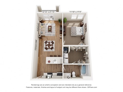 Floor plan for 1 bed, 1 bath, 836 sqft