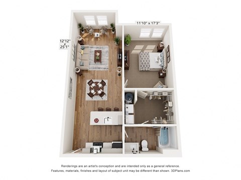 Floor plan for 1 bed, 1 bath, 884 sqft