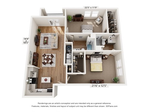 Floor plan for 2 beds, 2 baths, 1192 sqft