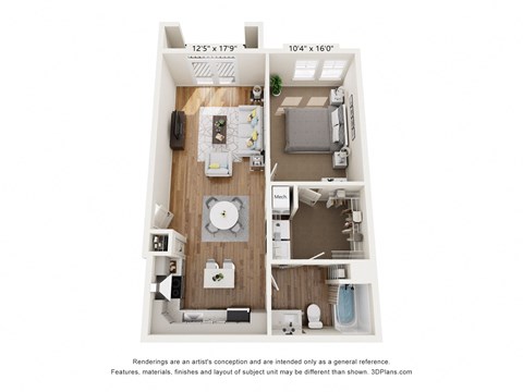 Floor plan for 1 bed, 1 bath, 764 sqft