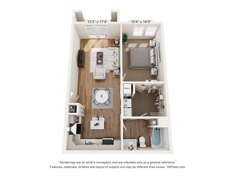 Floor plan for 1 bed, 1 bath, 769 sqft