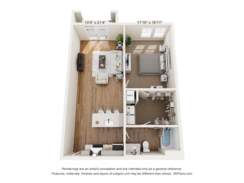 Floor plan for 1 bed, 1 bath, 836 sqft
