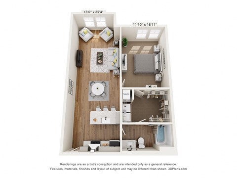 Floor plan for 1 bed, 1 bath, 884 sqft