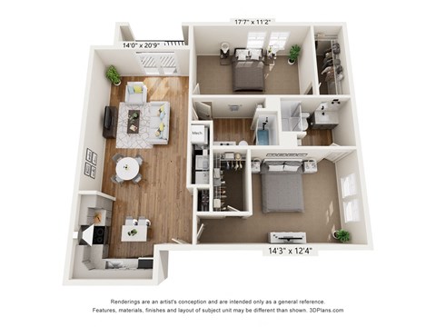 Floor plan for 2 beds, 2 baths, 1192 sqft
