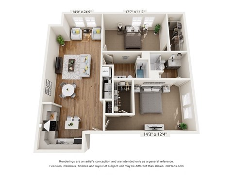 Floor plan for 2 beds, 2 baths, 1236 sqft