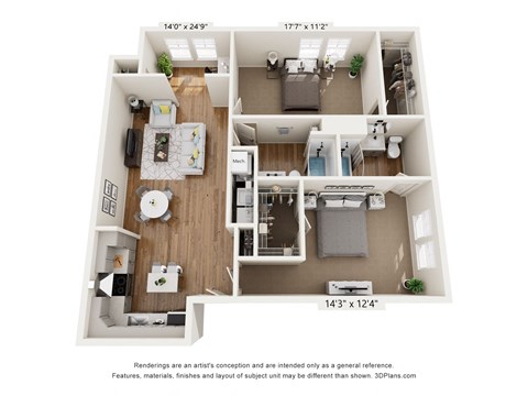 Floor plan for 2 beds, 2 baths, 1236 sqft