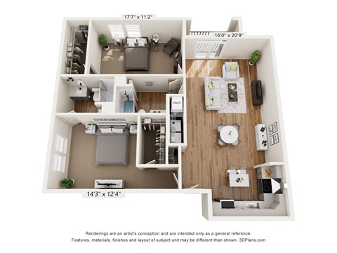 Floor plan for 2 beds, 2 baths, 1262 sqft