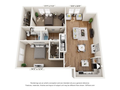 Floor plan for 2 beds, 2 baths, 1306 sqft