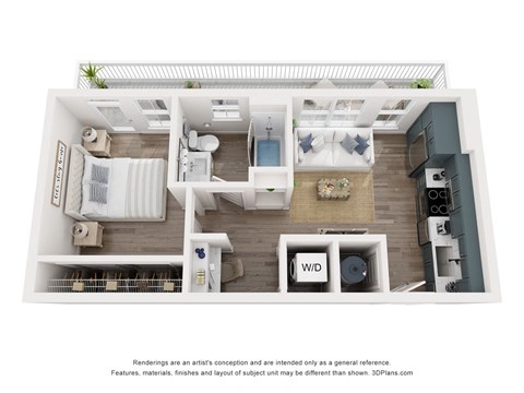 Floor plan for 1 bed, 1 bath, 509 sqft
